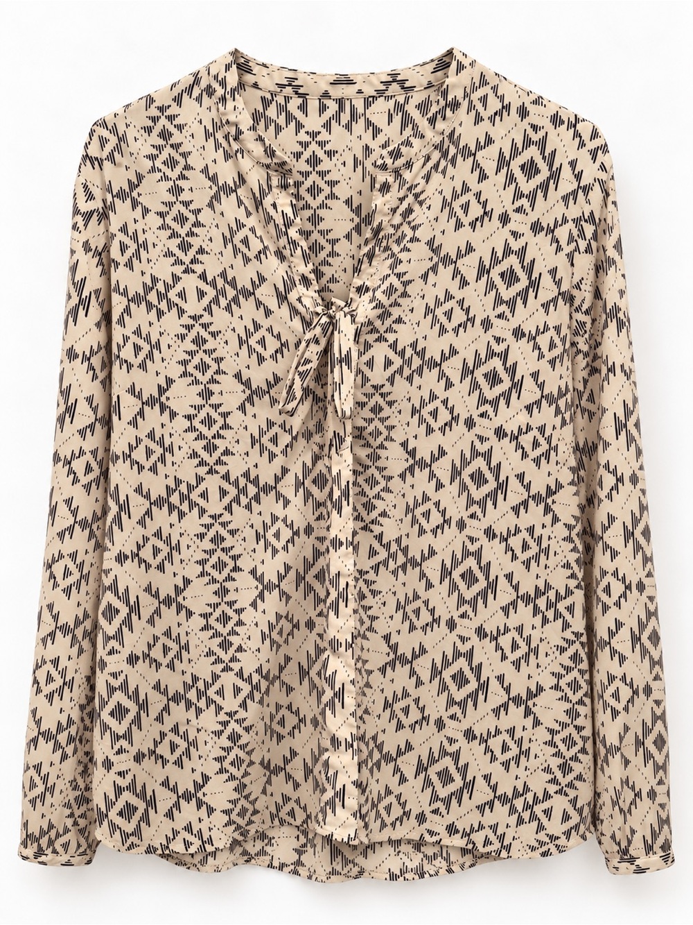The Limited Beige and Black Tie-Front Geometric Blouse